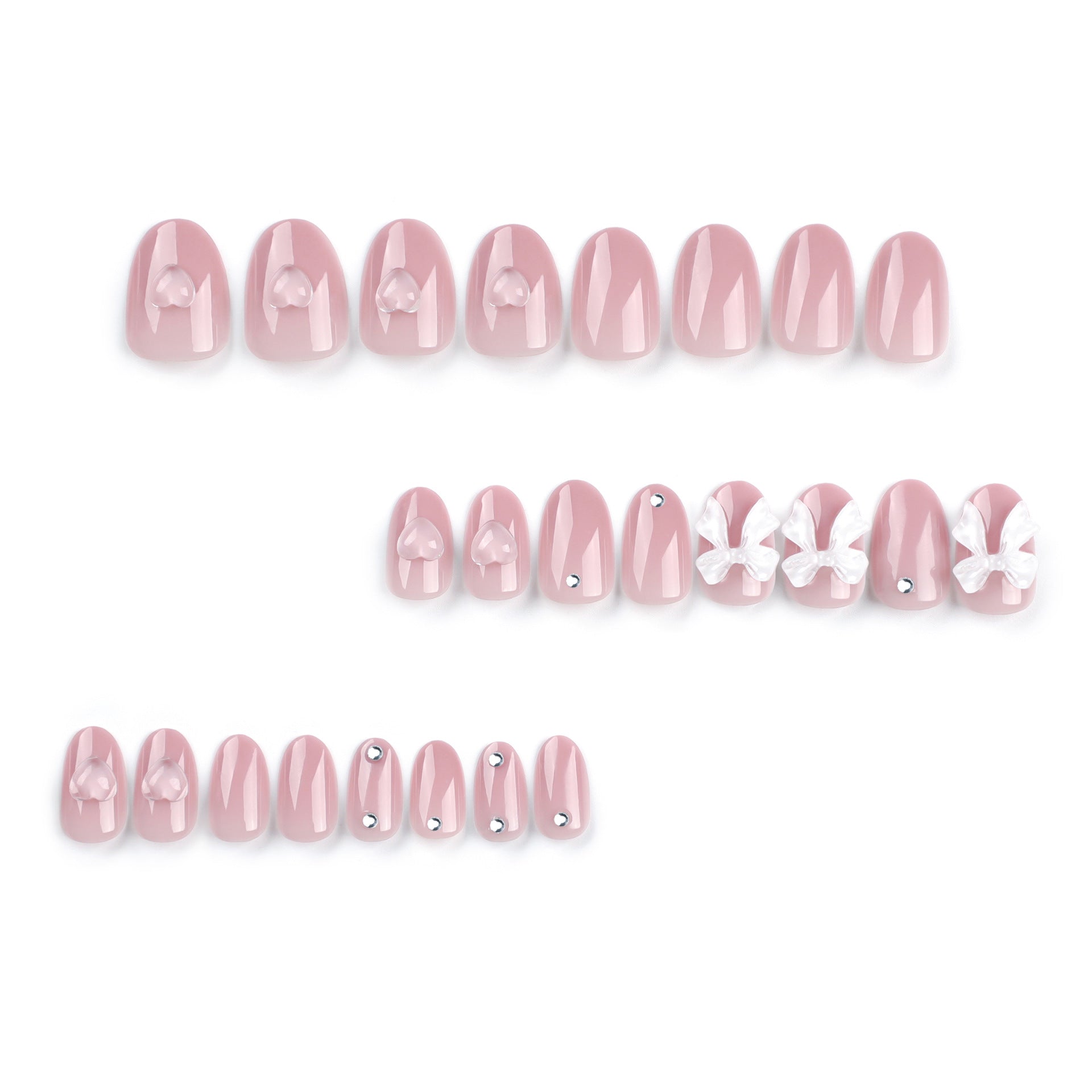 裸粉色純色 白色蝴蝶結愛心 可拆卸穿戴甲 批發｜365nails