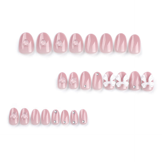 Naked pink solid color  white bow love manicure  removable fake nail wholesale｜365nails