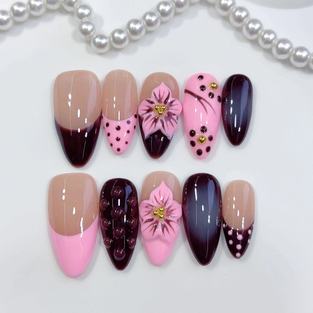 Noir Pink: "Midnight Cherry" – Long Almond Handmade Press-On Nails