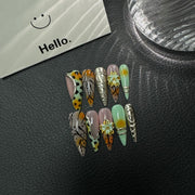 65nails: "Savanna Sunset" – 3D 花卉與混合圖案 手工製 長款 尖形 穿戴甲