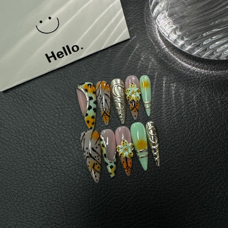 65nails: "Savanna Sunset" – 3D Floral & Mixed Pattern Handmade Long Stiletto Nails