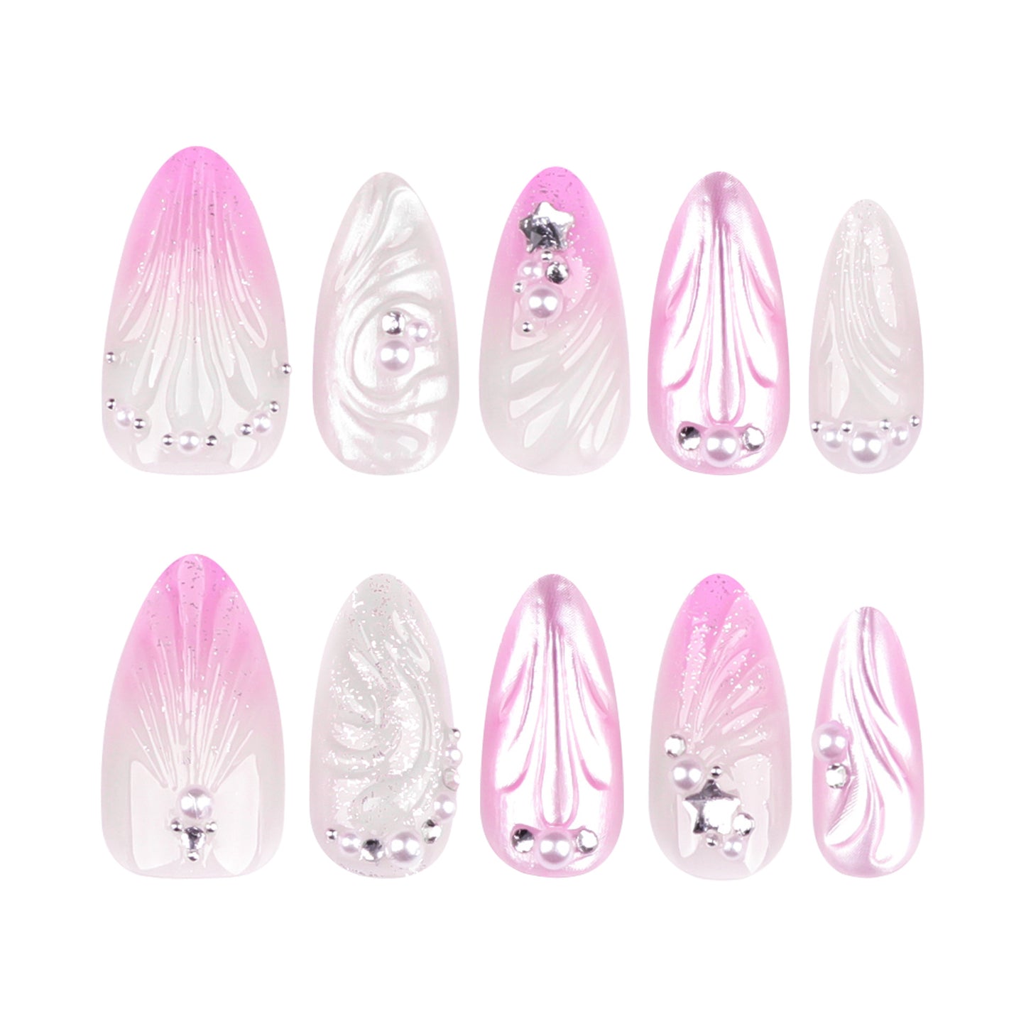 Uñas postizas con diseño de gotas de agua en forma de concha con cambio gradual en rosa 3D, punta de perla, manicura de diamante, uñas cortas de alta gama, venta al por mayor | 365nails