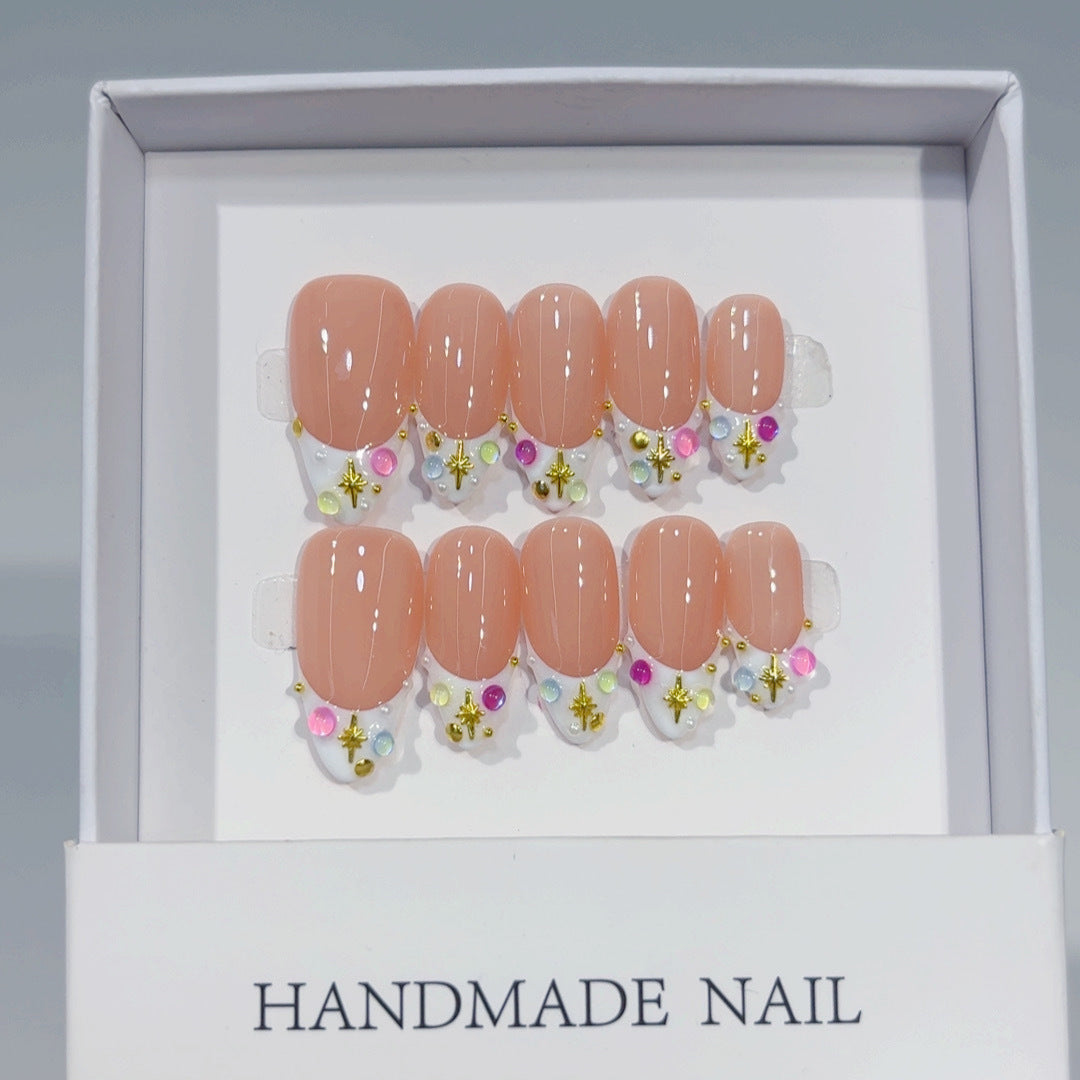 365nails：「彩虹小星」— 短款方形 裸色 多彩水鑽 手工製 穿戴甲
