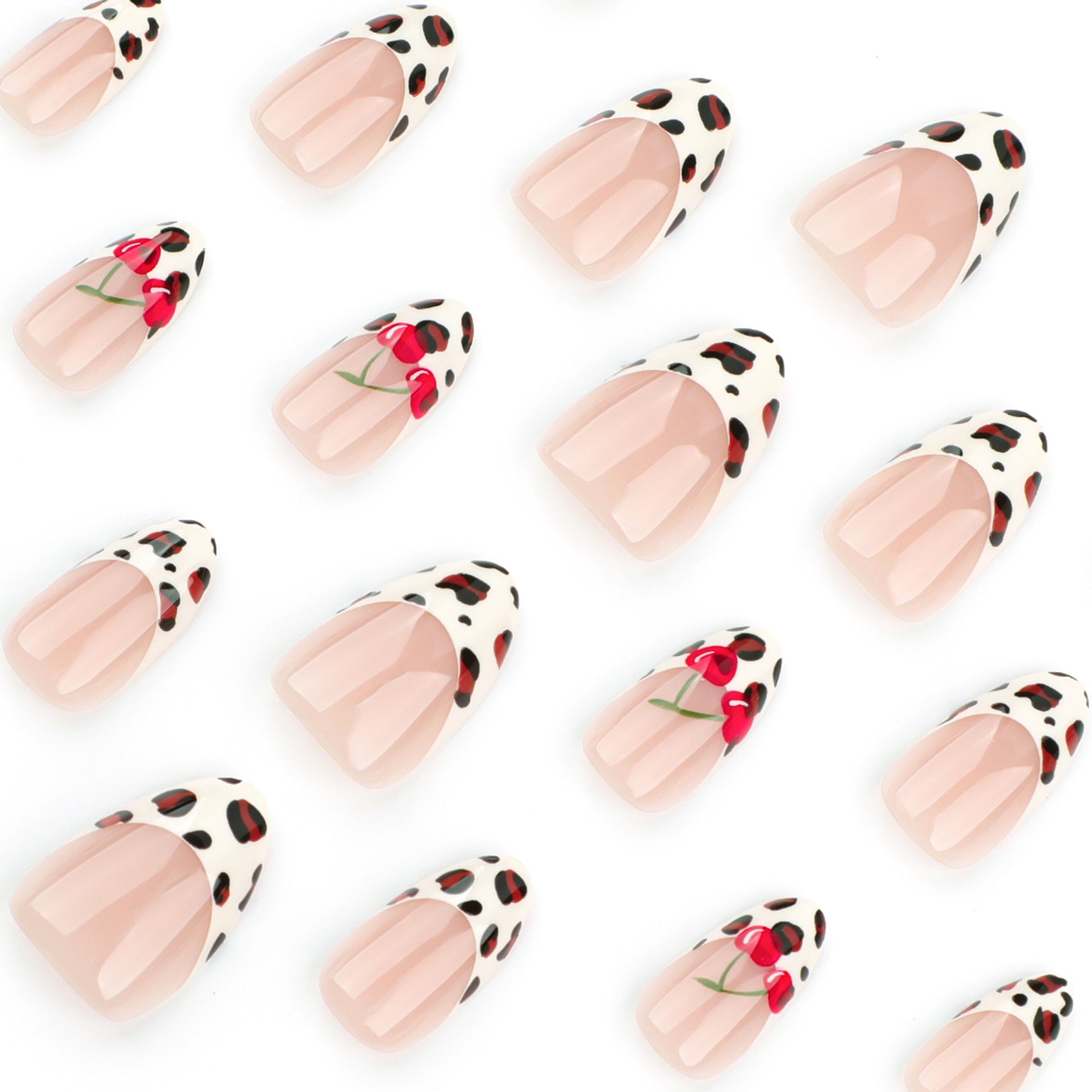 Unhas postiças com estampa de leopardo francesa simples, unhas de cereja repetíveis, folhas de unha de pressão ｜ 365nails