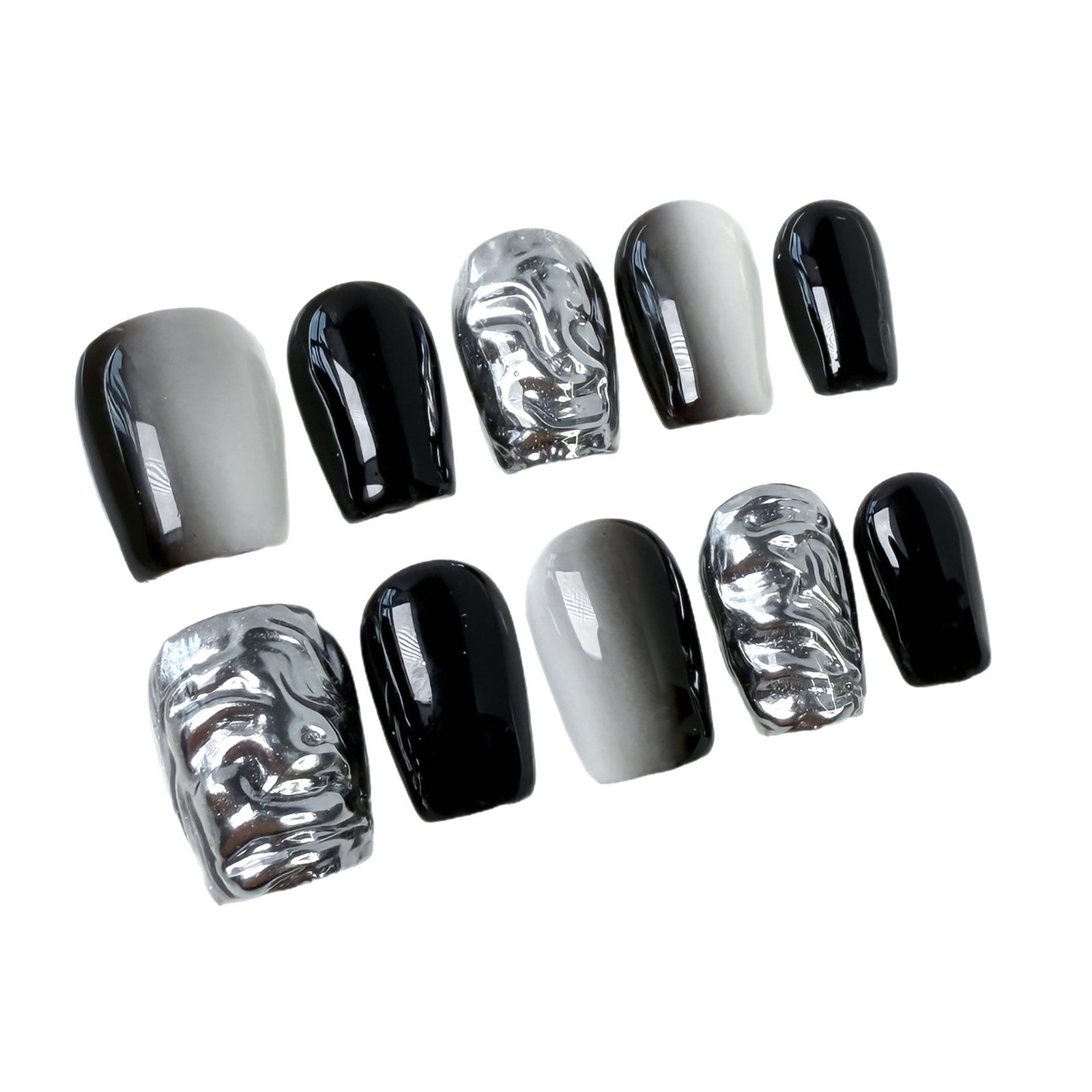 Black & Silver Gradient Nails with Sculpted Metallic Accents