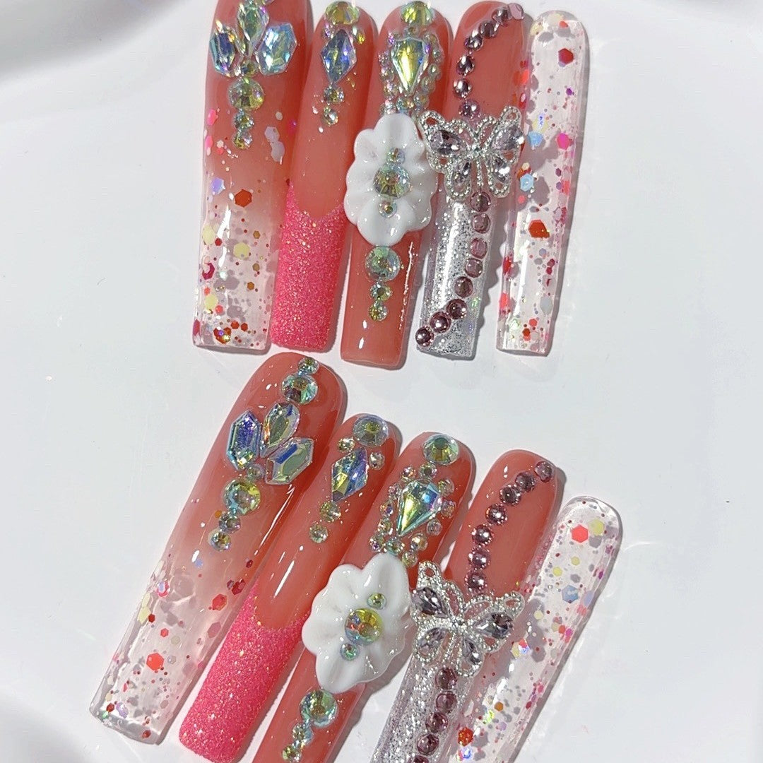 Rose Glitter Butterfly Crystal Press On Nail Set