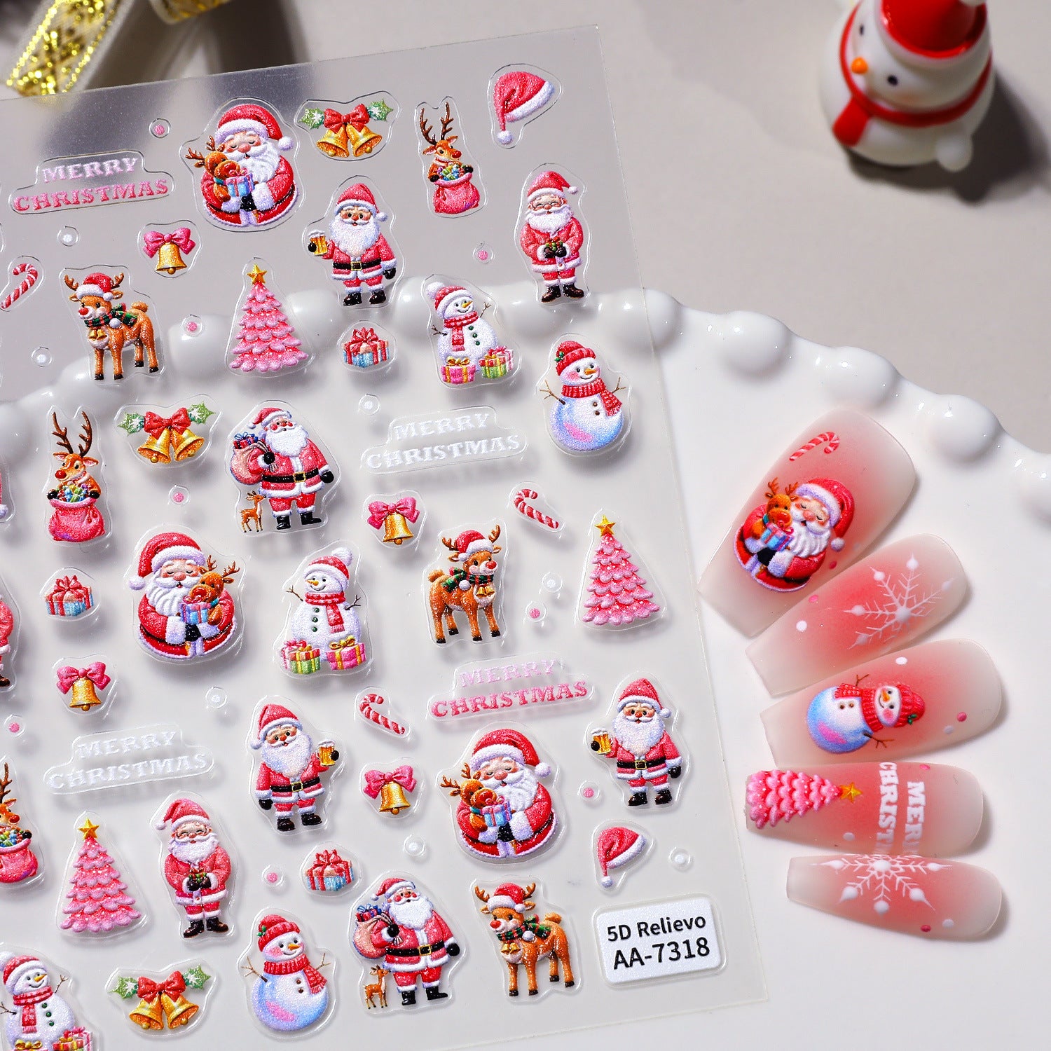 Original Christmas snowman manicure sticker 5D relief three-dimensional colored Christmas tree DIY nail sticker jewelry AA