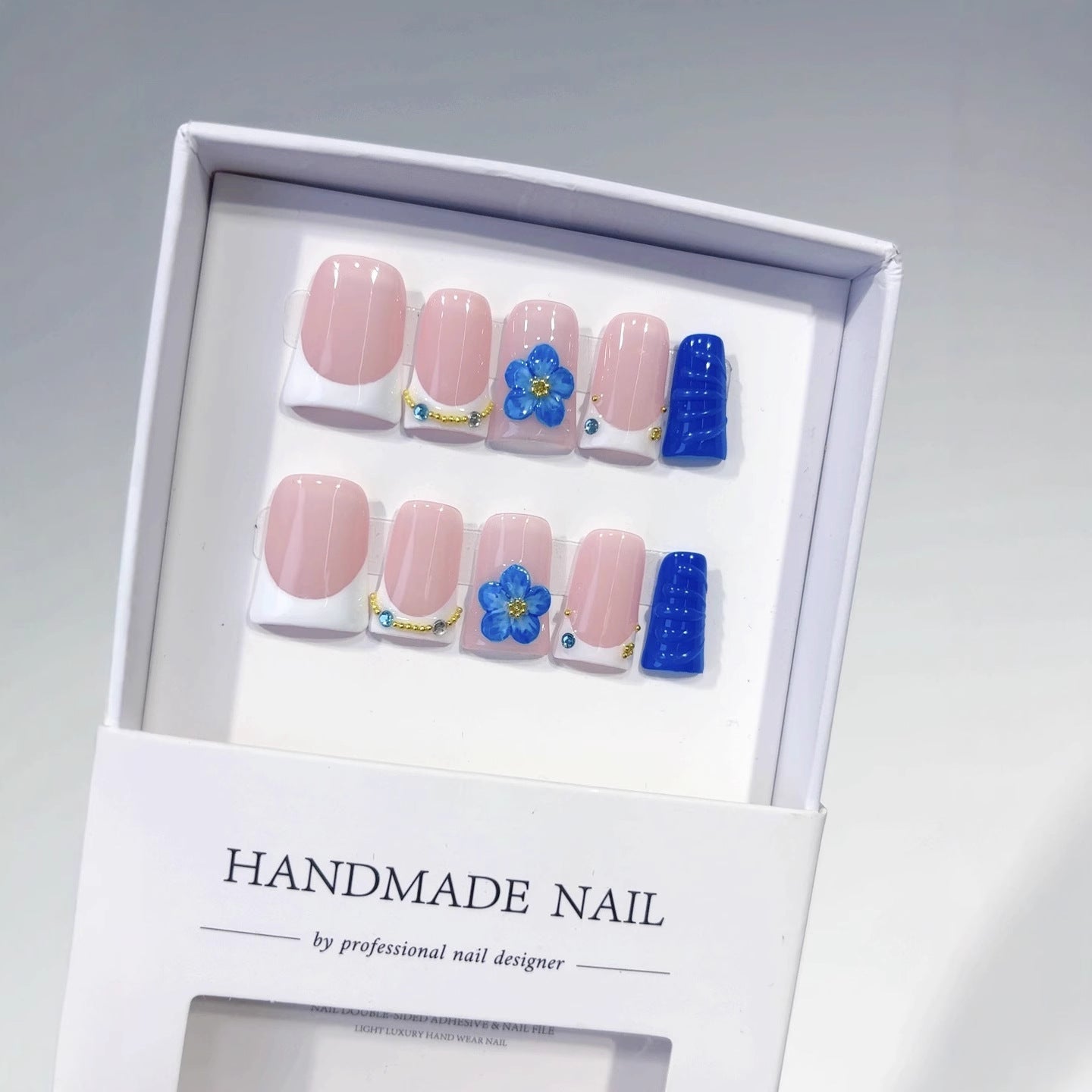 Coastal Bloom: "Cobalt Blue Flower" – Square Shape Handmade Press-On Nails