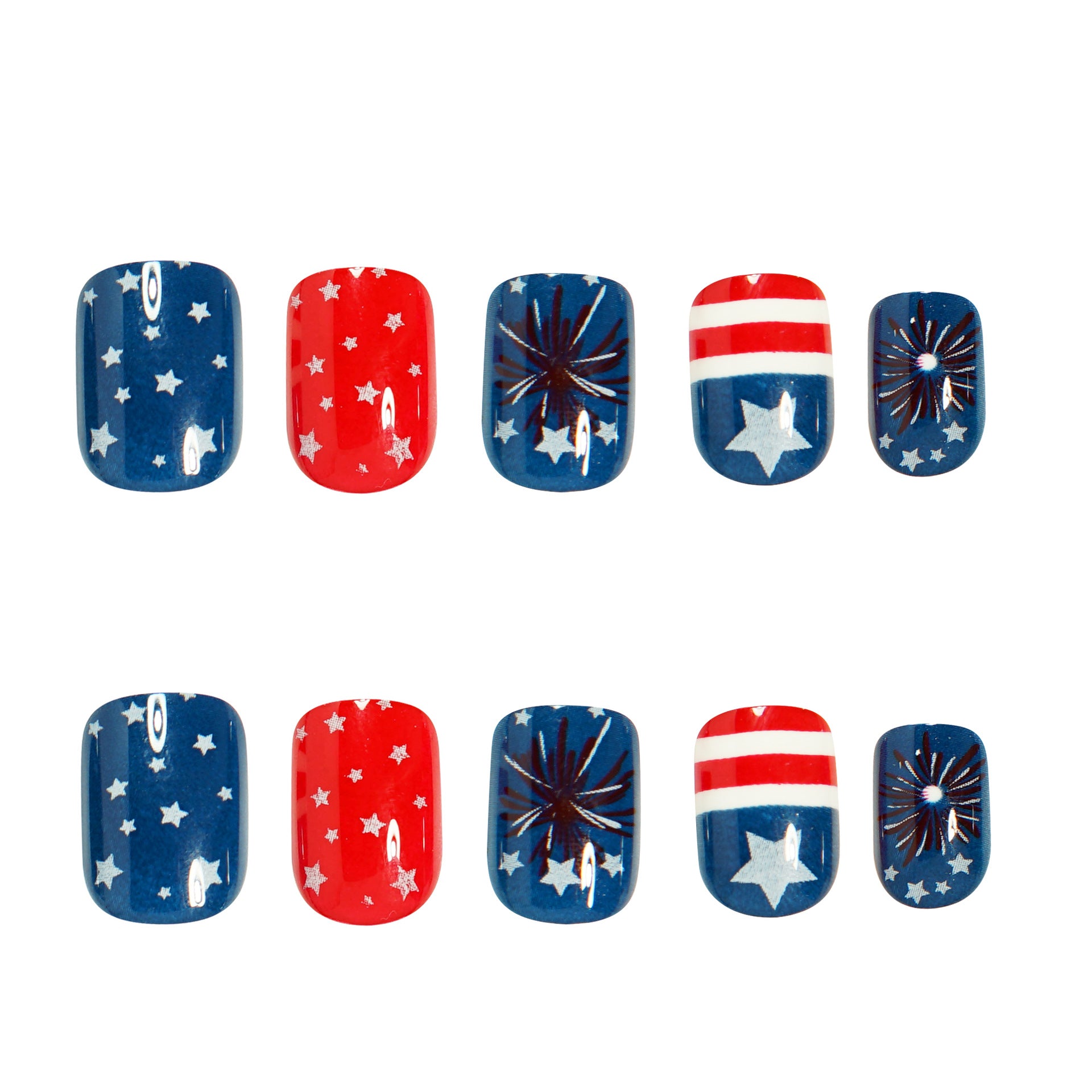 365nails : ongles press-on thème Fête de l'Indépendance — drapeau et feux d'artifice