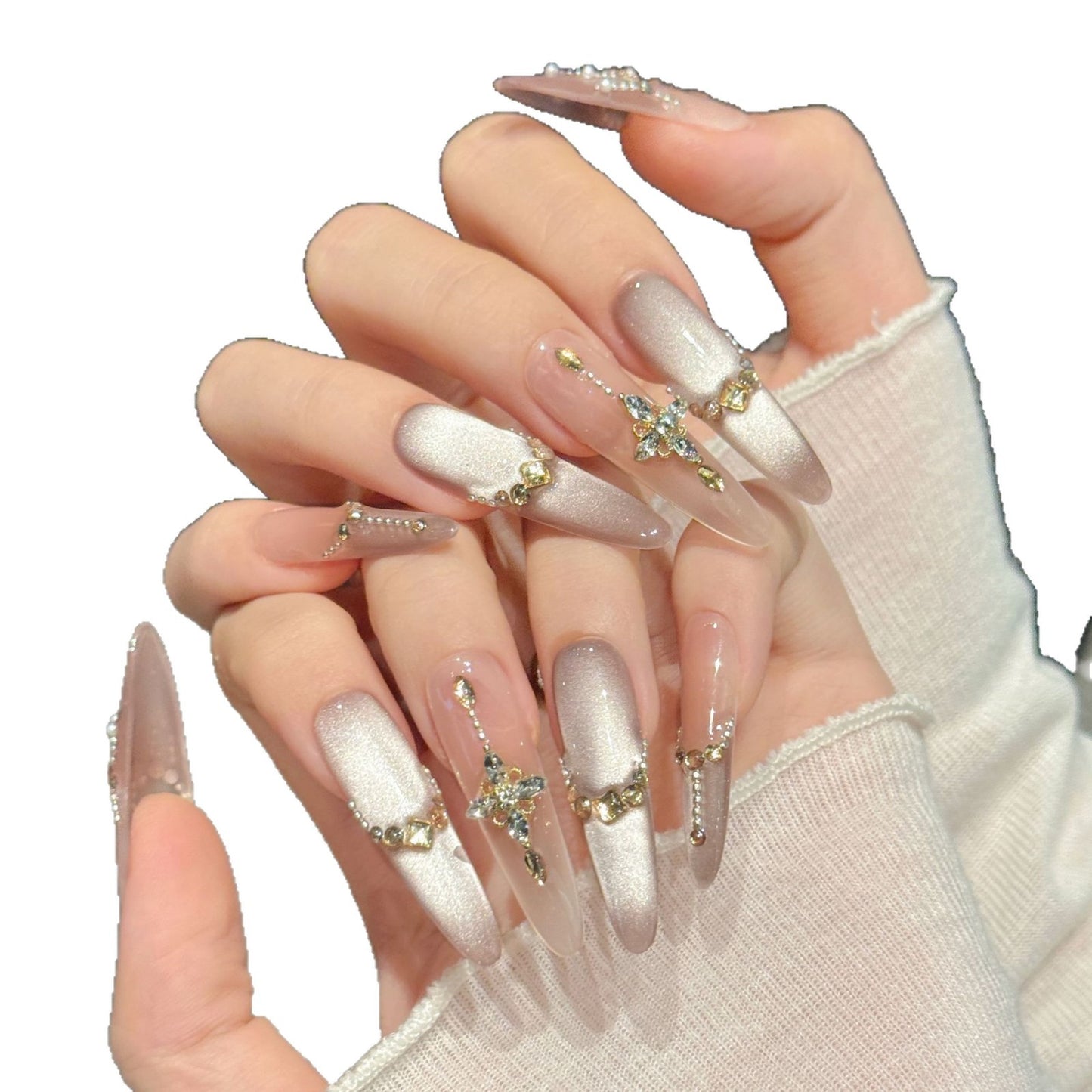 Icy Pearl Cross Crystal Glam Nails