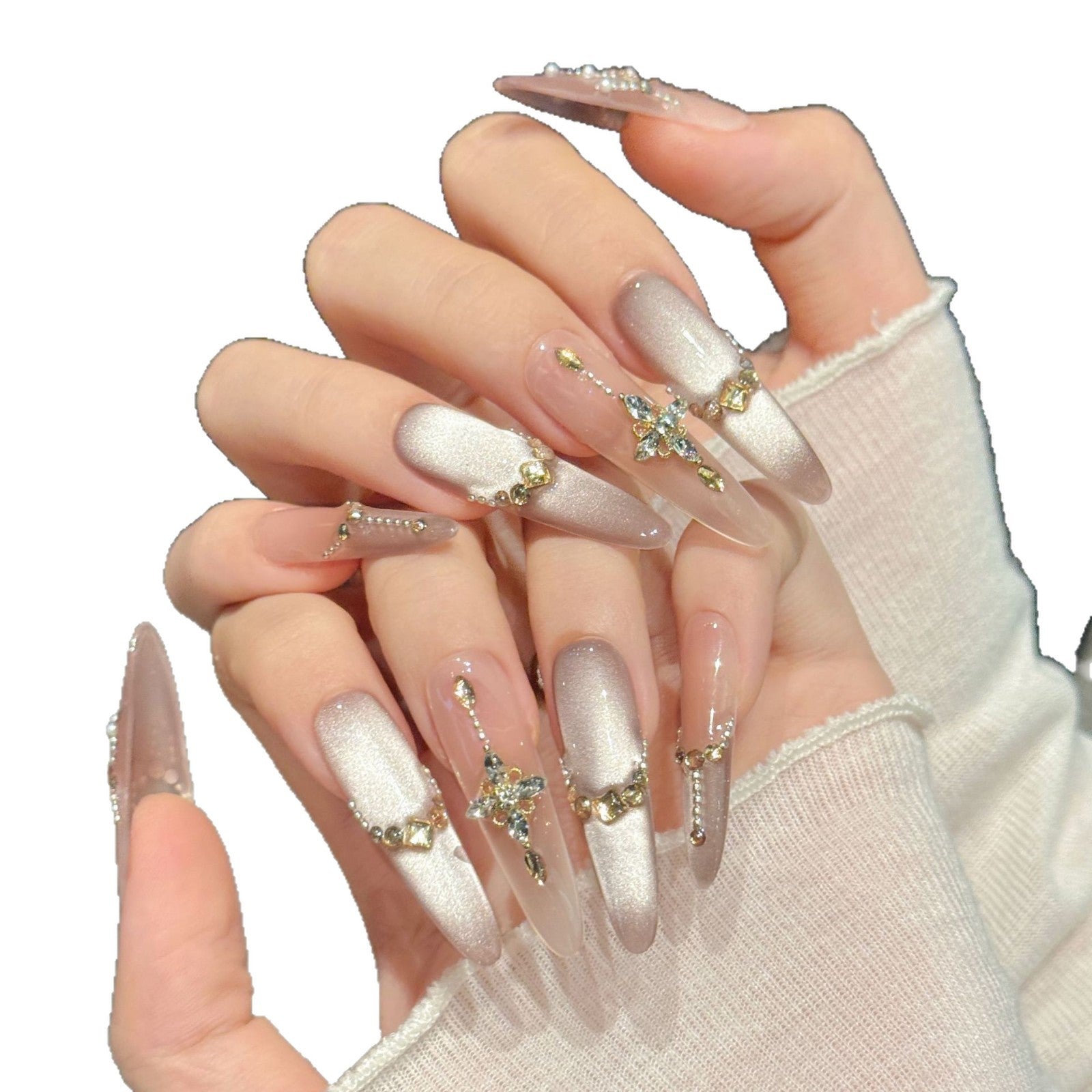 Icy Pearl Cross Crystal Glam Nails