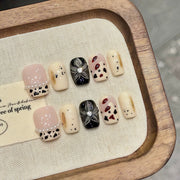 365nails: "Midnight Bloom" – 3D Floral & Leopard Print Handmade Short Square Nails