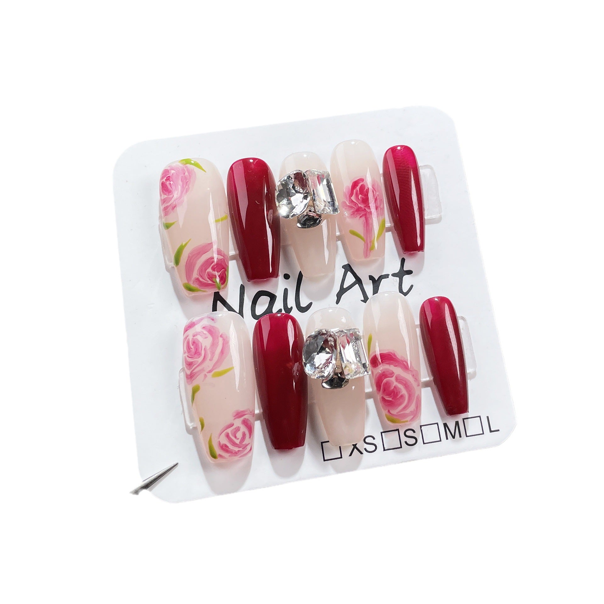 Otoño e invierno, nuevas uñas postizas hechas a mano con rosas pintadas a mano, parches de uñas avanzados con diamantes apilados, pegatinas para uñas usables｜365nails