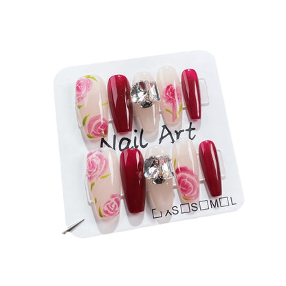 Autumn and winter new hand-painted rose handmade press-on nails simple stack diamond advanced nail patch wearable nail sticker｜365nails