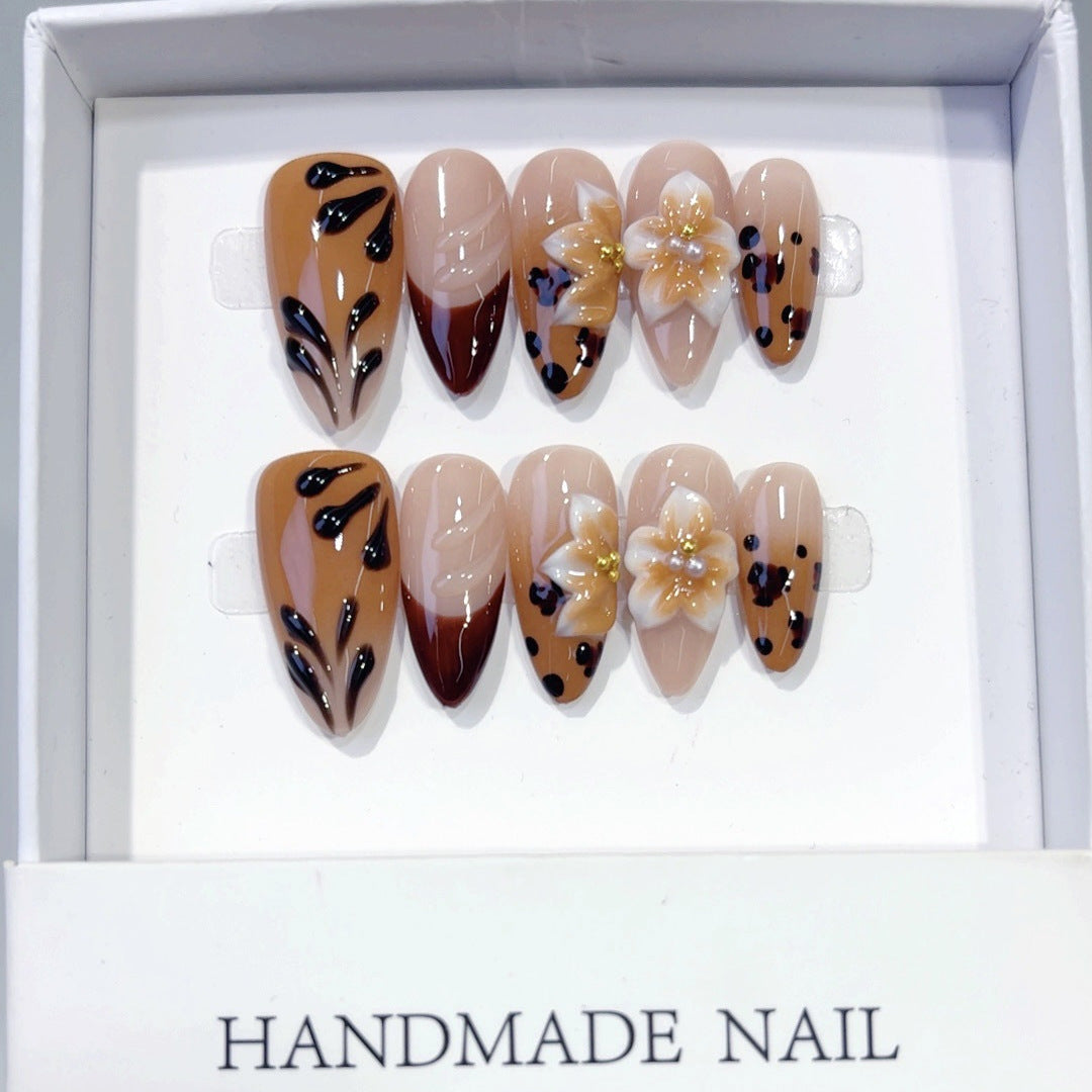 Amber Bloom: "Leopard & Flower" – Long Almond Handmade Press On Nails