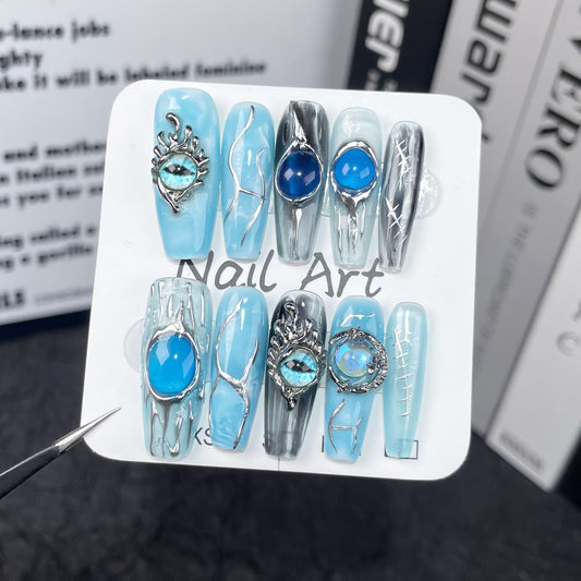 Handmade press-on nails blue liquid metal dark wind Spice Girl relief long nail art finished patch wholesale｜365nails