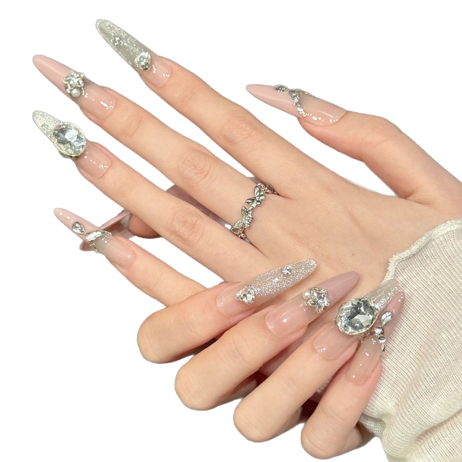 365nails: "Luxe Drop" – Crystal & Rhinestone Chain Handmade Long Almond Nails