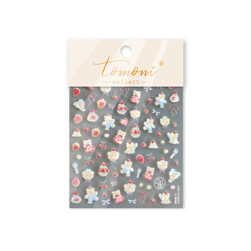 Sweet Teddy Bear: "Strawberry Picnic" – 3D Embossed Nail Sticker