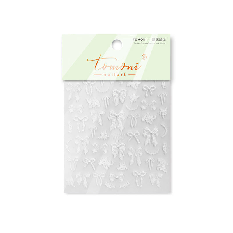 White Lace Bow Nail Stickers – Holographic Rhinestone Embossed Set