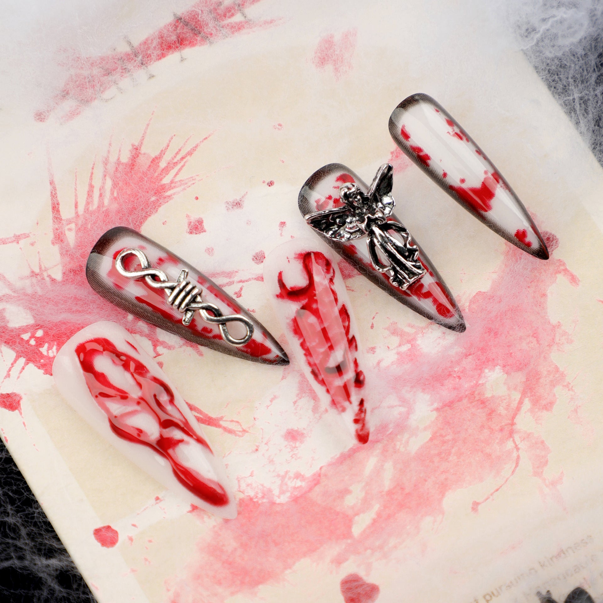 Arte de uñas extra largas y puntiagudas para Halloween, ángeles muy vendidos en Europa y América, con uñas postizas 3D difuminadas, uñas postizas presionadas｜365nails
