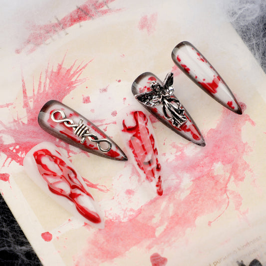 Halloween extra long pointed nail art, hot-selling angels in Europe and America, wearing nail 3D smudging fake nails press on nails｜365nails