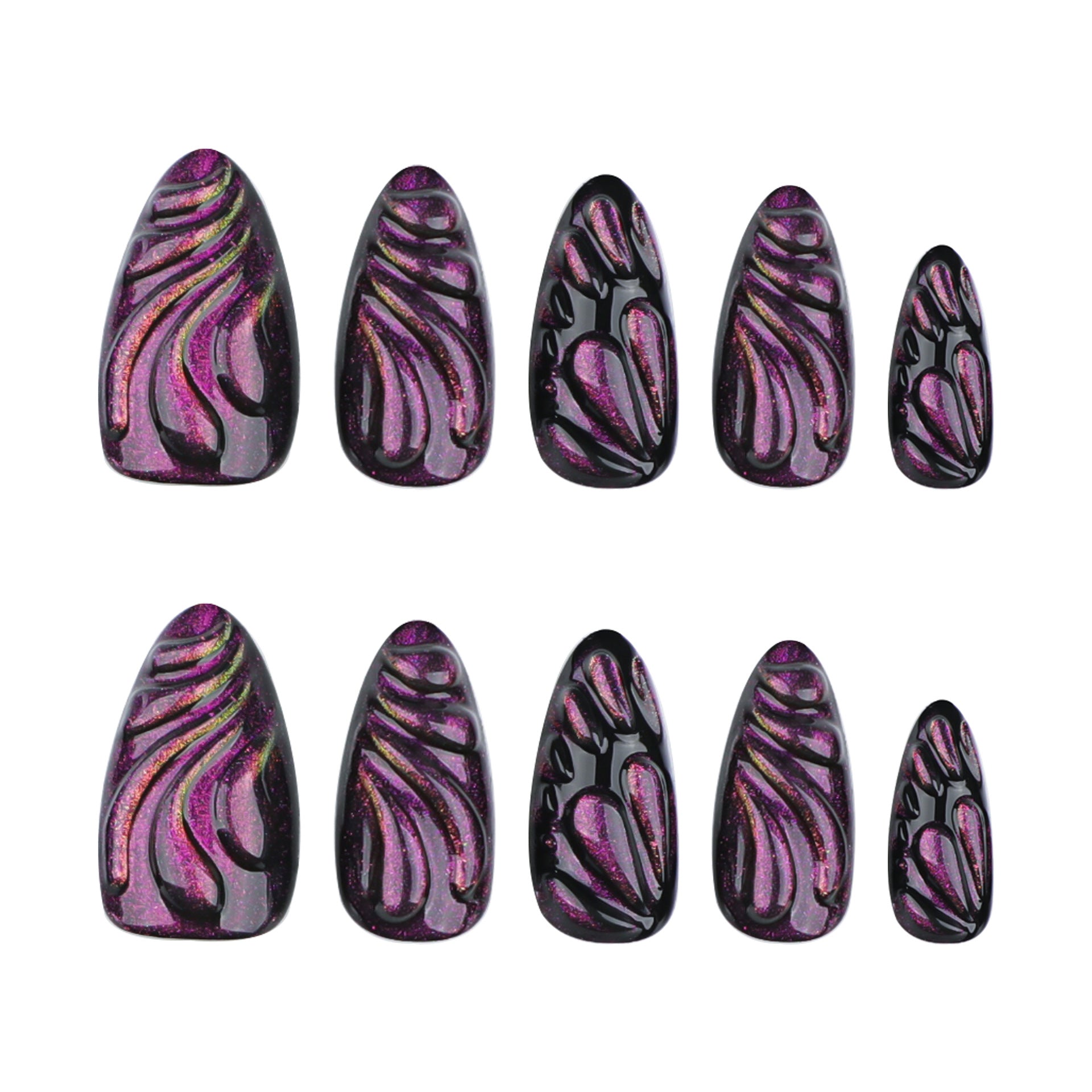 Manicura corta, dulce y fresca, en negro y morado, con forma de almendra, mariposa 3D, gota de agua, estilo ojo de gato (365nails)