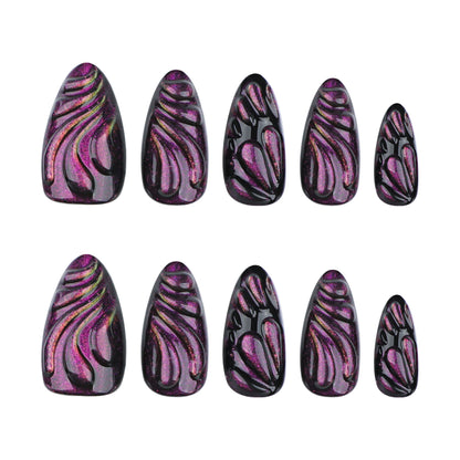 Sweet cool black purple manicure short almond-shaped  3D butterfly water drop cat eye ｜365nails