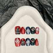 Christmas Tree & Snowflake Press‑On Nails – Red Green Glitter Design