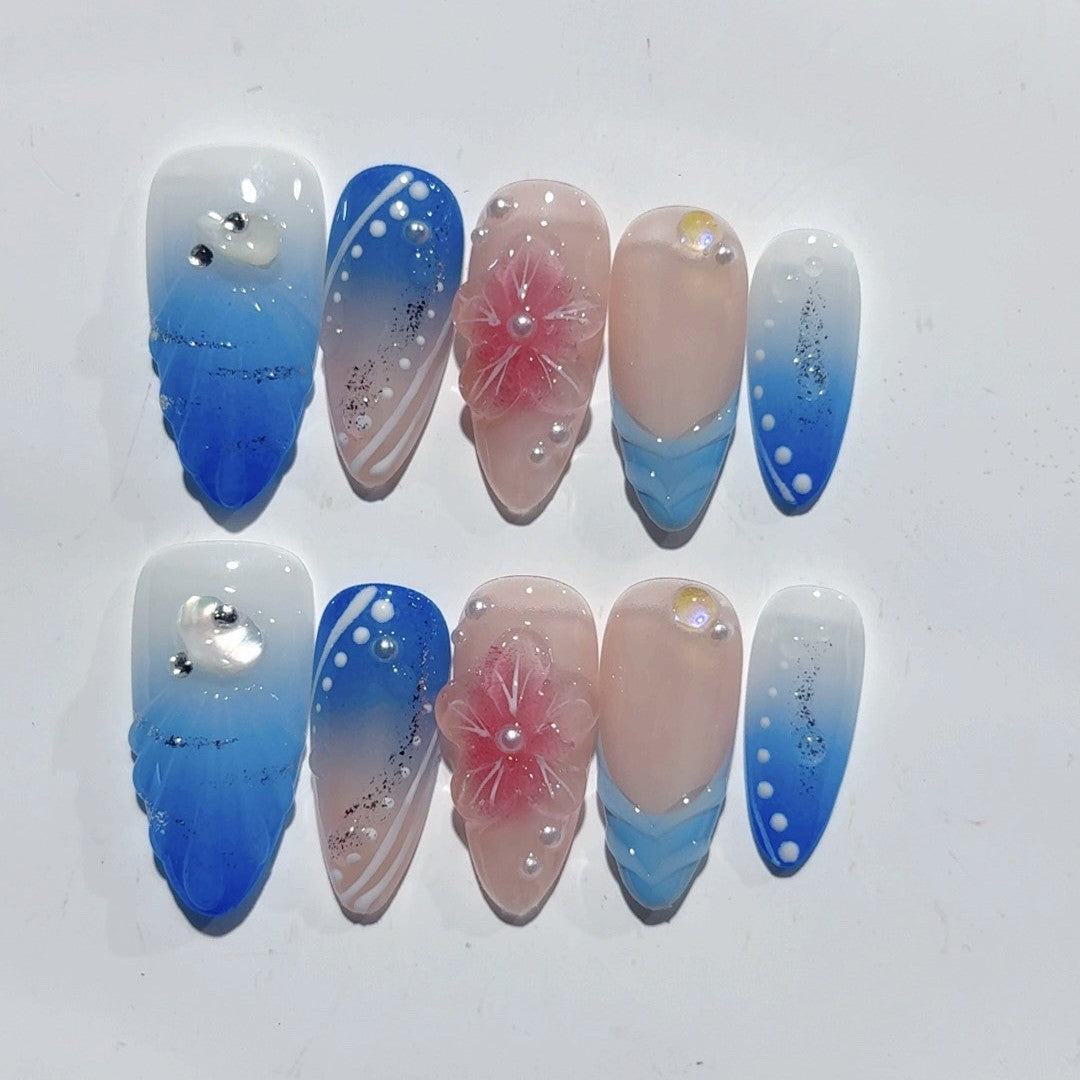365nails - 島嶼之夜：貝殼花 — 杏仁形 手工製 立體雕刻 穿戴甲