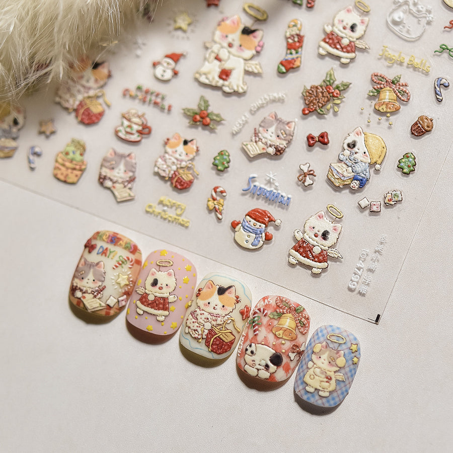 Cute Chinese New Year Animals: "Fortune Bunny & Cat" – 5D Embossed Nail Sticker