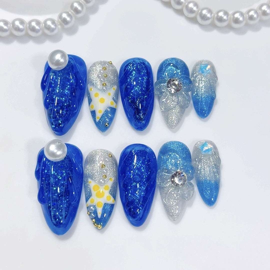 365nails: "Sereia Estrelada do Mar Profundo" – Unhas Postiças Artesanais Azul Glitter Marinho Amêndoa Média