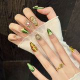Green Gold Vintage Gem Heart Baroque Luxury Press On Nails