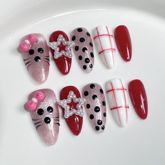 Handmade Press-on Nails Sweet and Cute Kitten cat eye  Wearable  ｜365nails