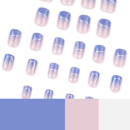 hot-selling short square nail manicure blue gradual change wearing  silver irregular stripe wearing nail｜365nails