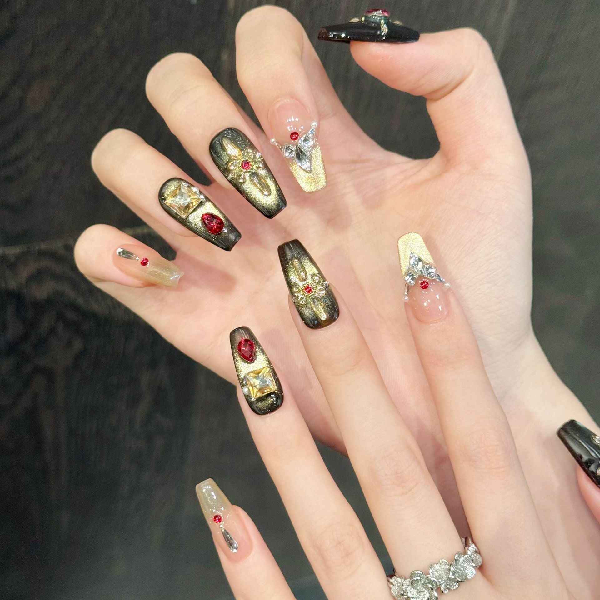 365nails: "Imperial Bloom" – 3D Red Gem & Gold Leaf Handmade Long Coffin Nails
