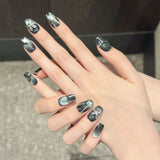 Black Silver Cat-Eye Luxury Floral Press On Nails