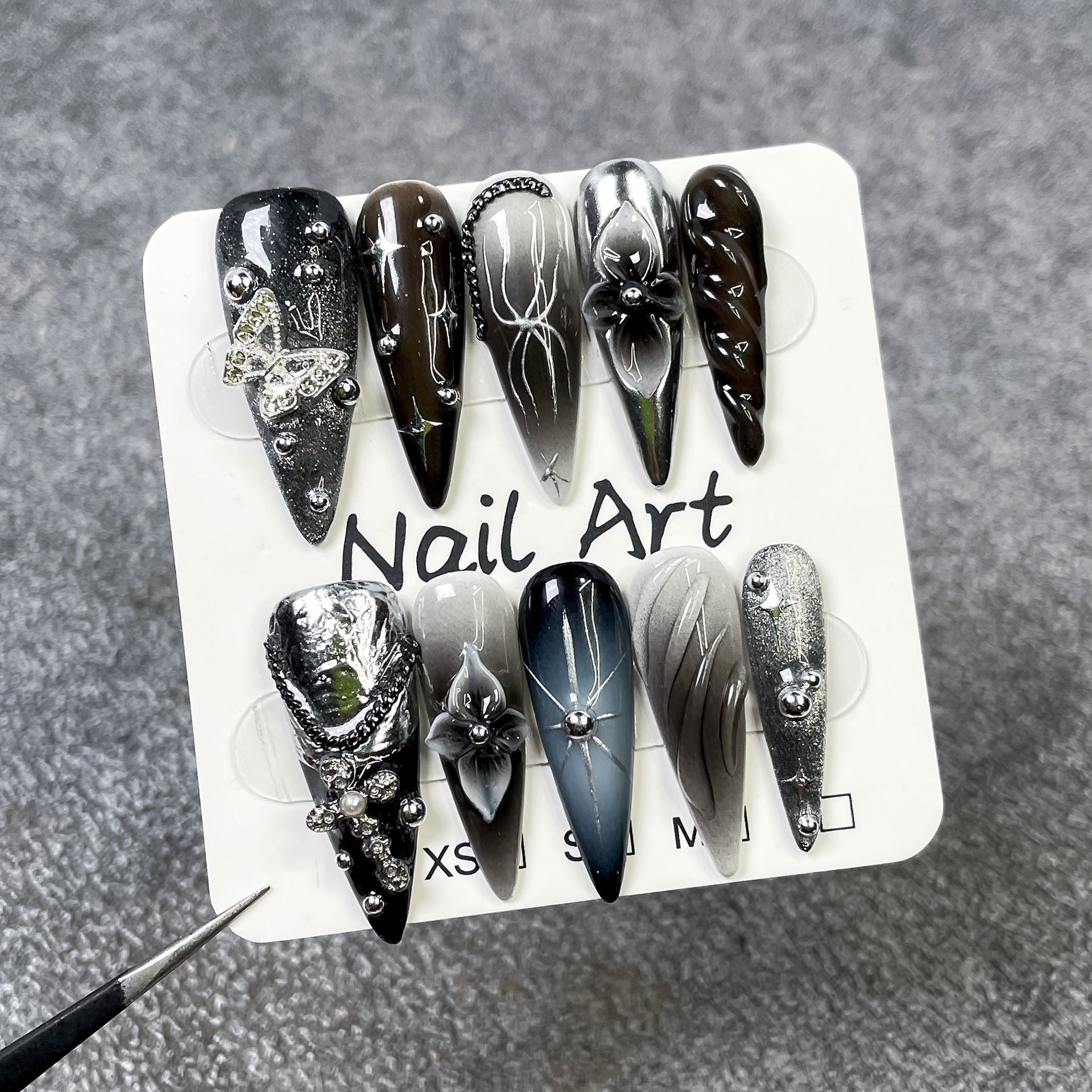 Gothic Silver Ombré Butterfly Gem Long Press-On Nails