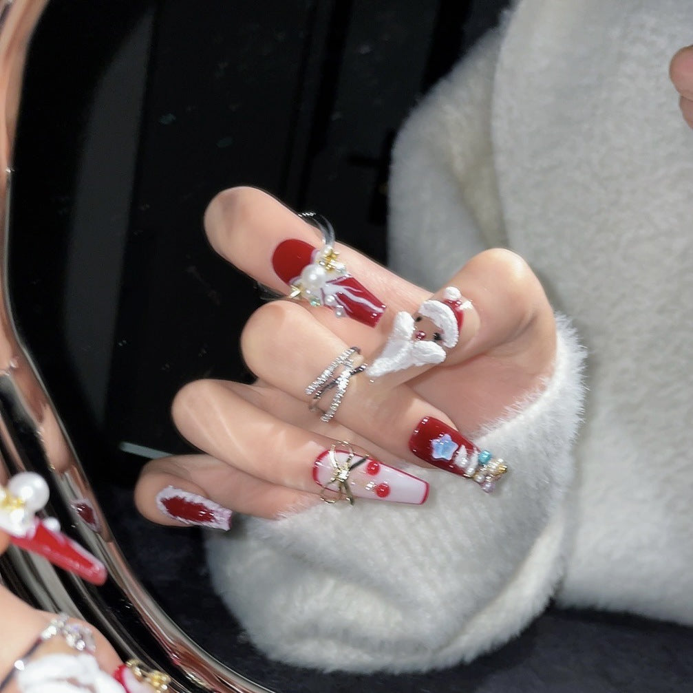 Red and Nude Christmas Press‑On Nails – 3D Santa & Pearl Bow Design