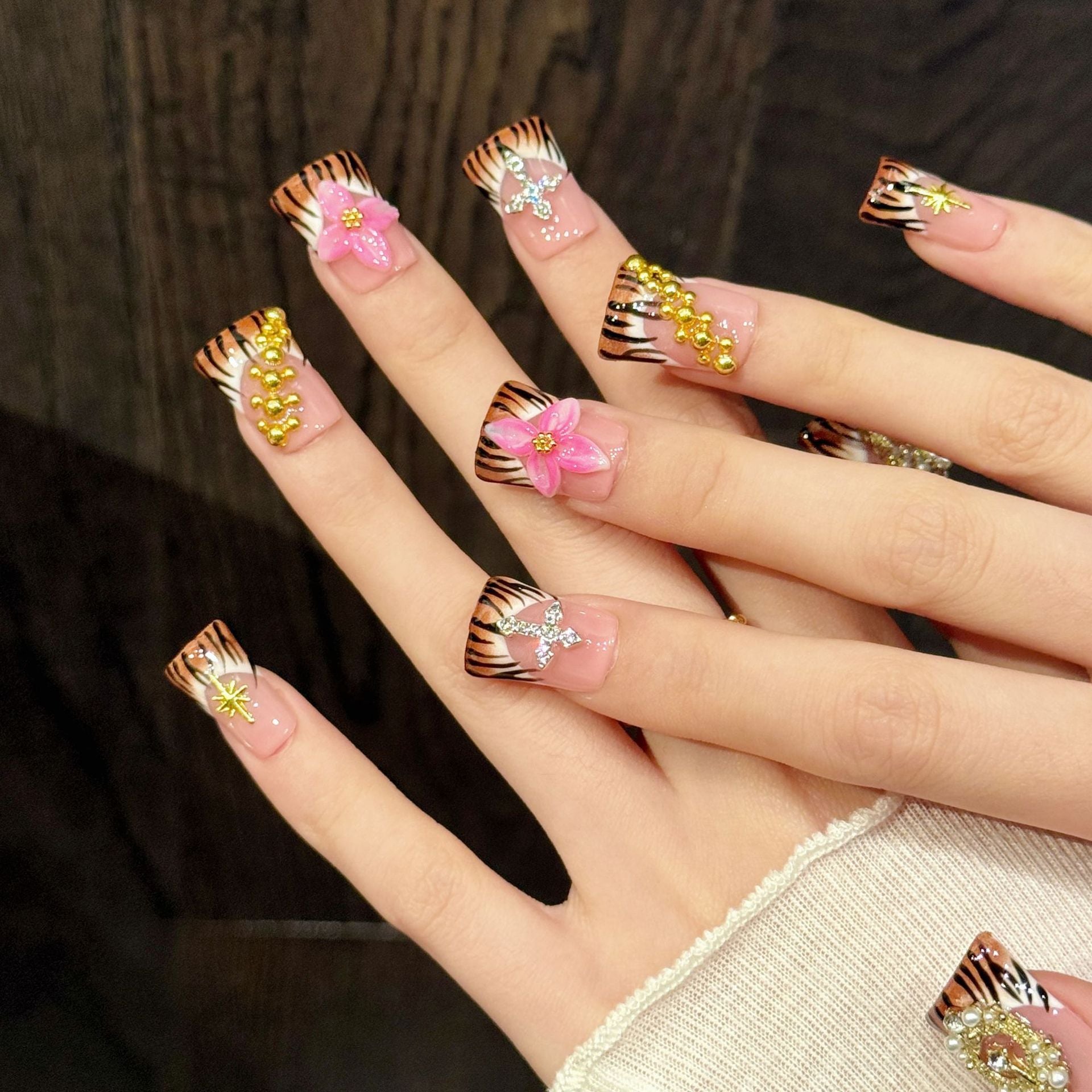 365nails: "Wild Orchid" – 3D Floral & Tiger Stripe Handmade Short Square Nails