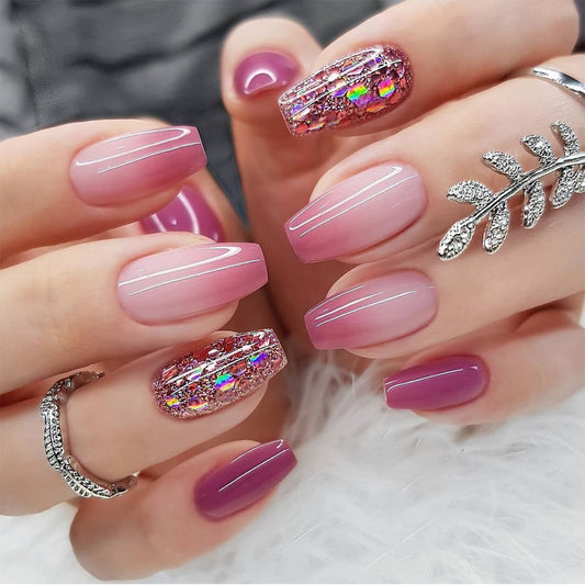 Wear nail purple nail piece wholesale pink gradual change purple glitter short nail piece nail piece nail art finished nail｜365nails
