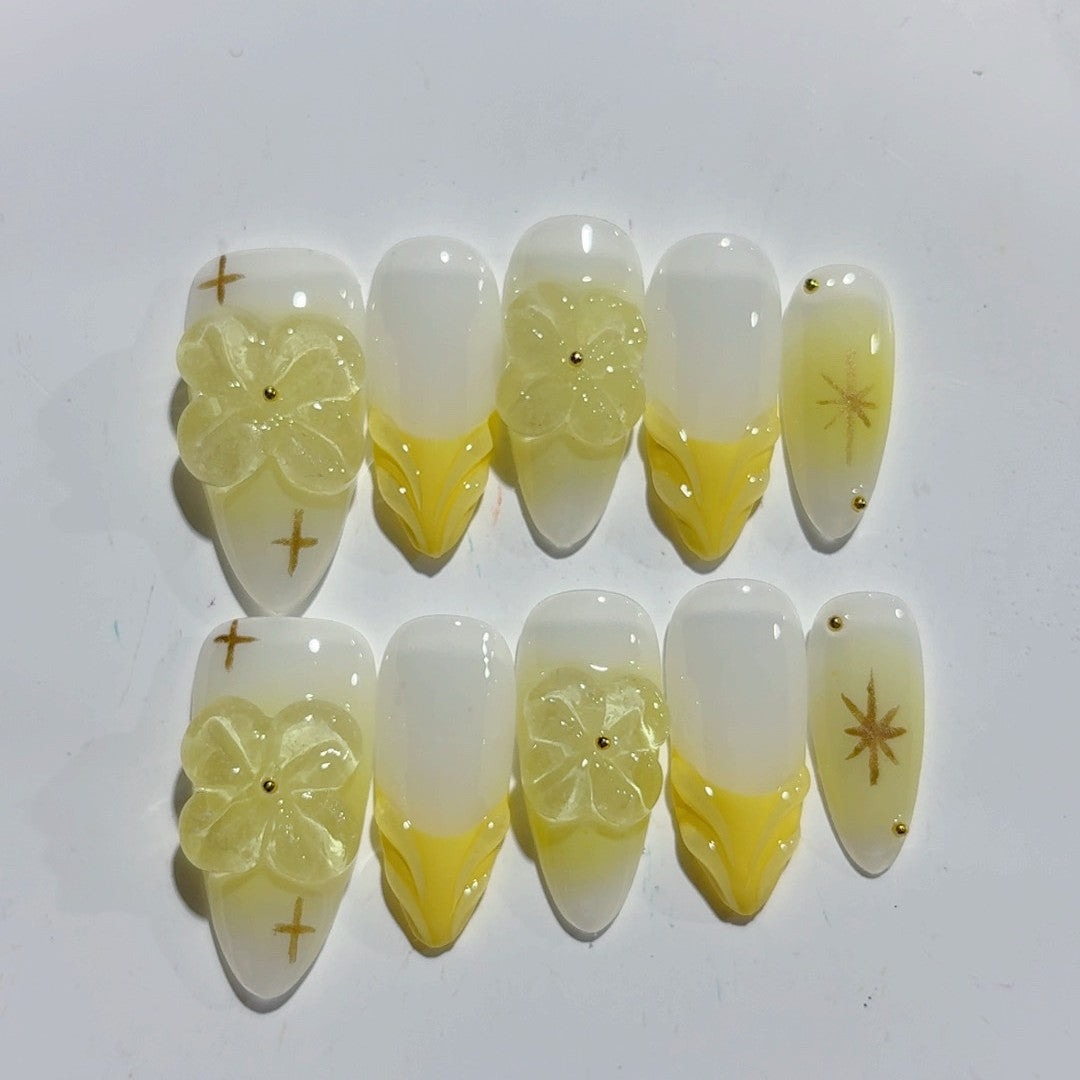 365nails-Spring Whisper: "Buttercup Bloom" – Almond Shape Handmade 3D Carved Press-On Nails