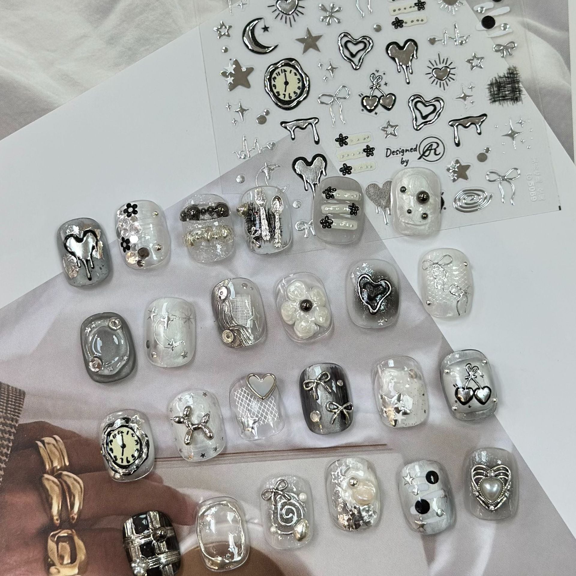 Silver Metallic Drip Heart Nail Stickers – Celestial Star Moon Clock Set