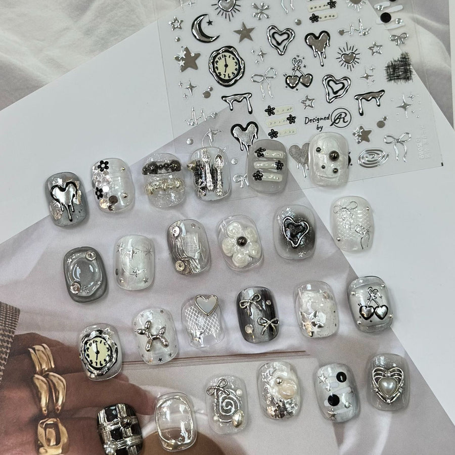 Silver Metallic Drip Heart Nail Stickers – Celestial Star Moon Clock Set