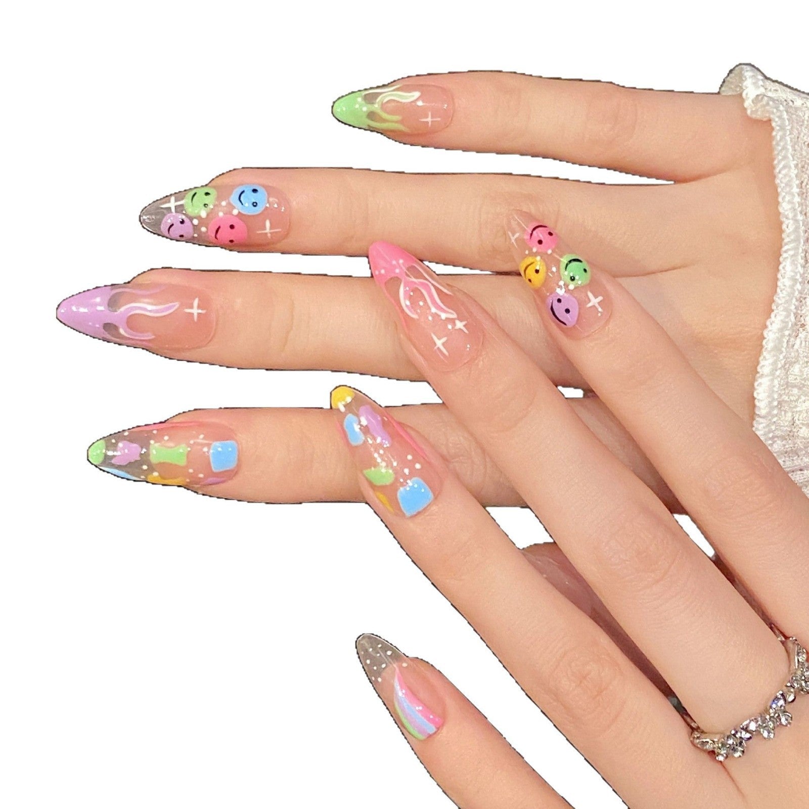 small fresh summer rainbow hand-painted smiley face colorful cute graffiti Thai plastic wind press on nails | 365nails