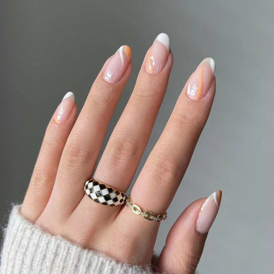 French False nail white orange color scheme press-on nails Art Finished Fake Nail Nail Patch Nail Patch Nail Patch Nail Patch｜365nails