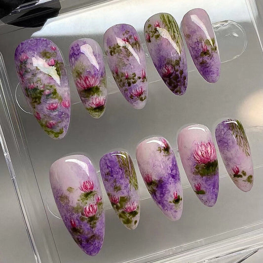 Summer new products wear nail lotus smudge nail art short almond fake nails fake nails finished product｜365nails