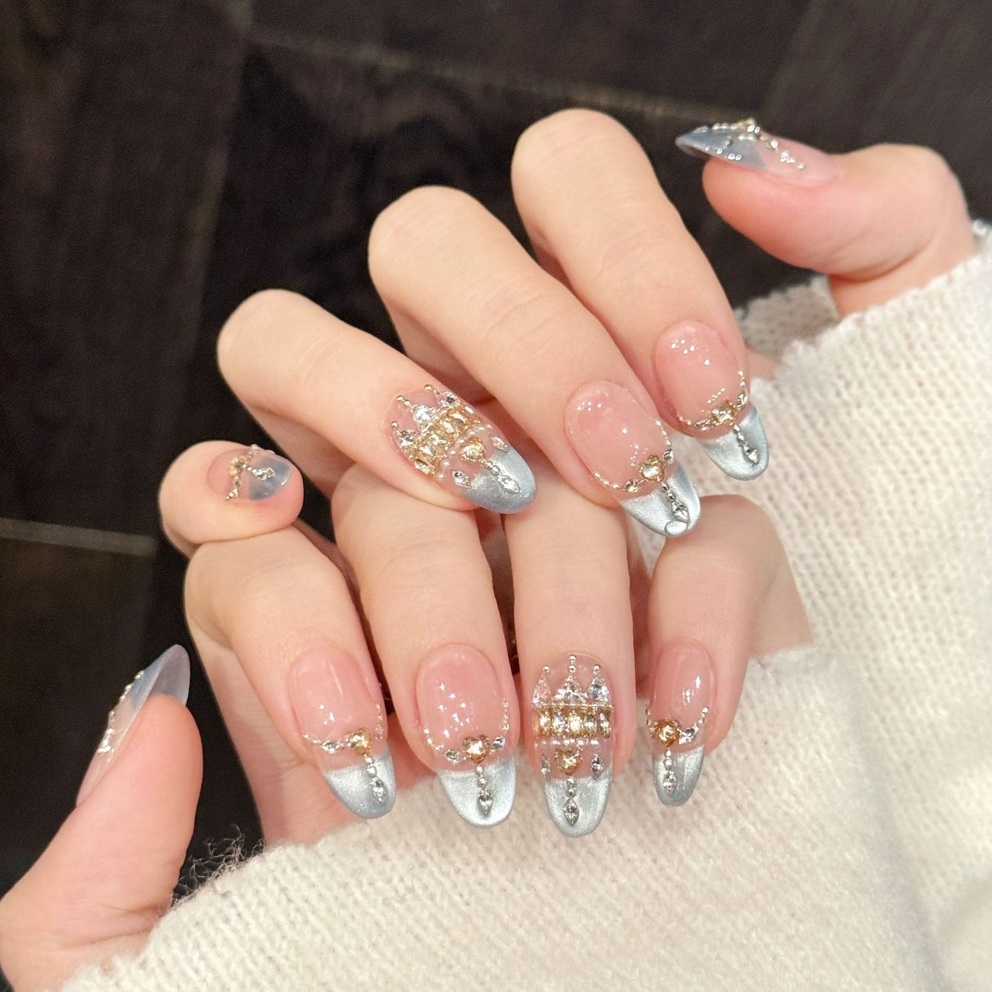 Pink Blue Crown Crystal Press On Nails