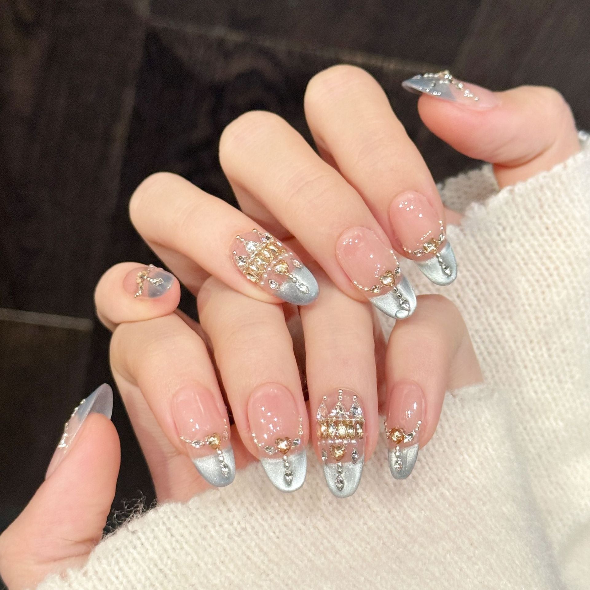 Pink Blue Crown Crystal Press On Nails