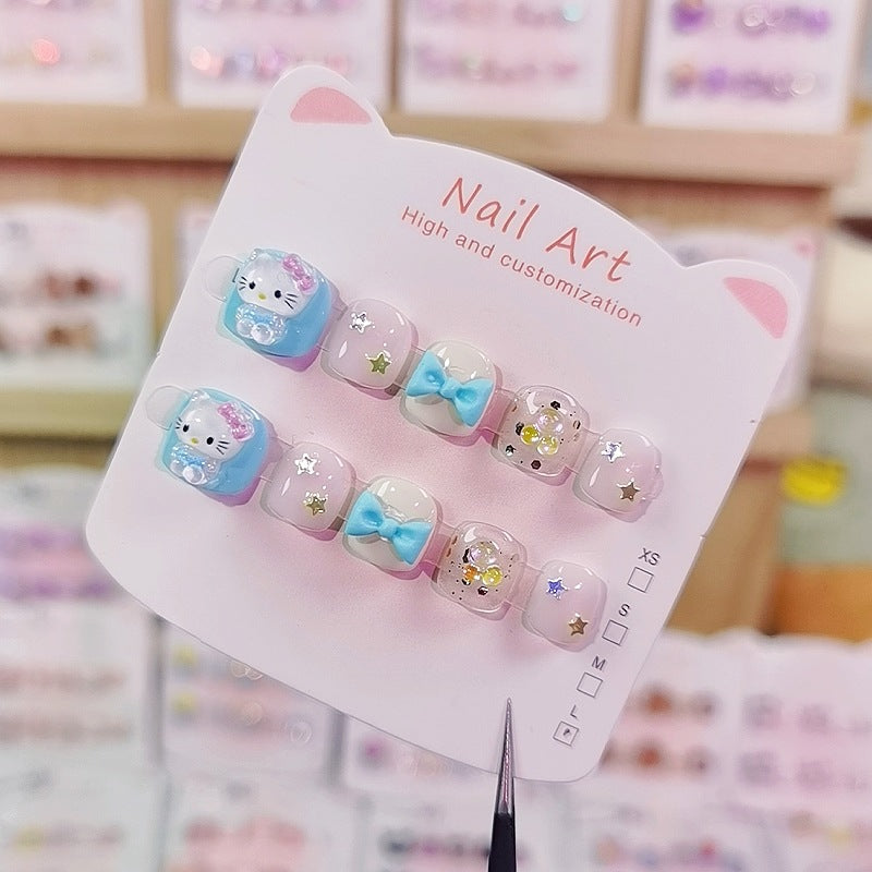 Blue Bow Hello Kitty Kids Press On Nails Set