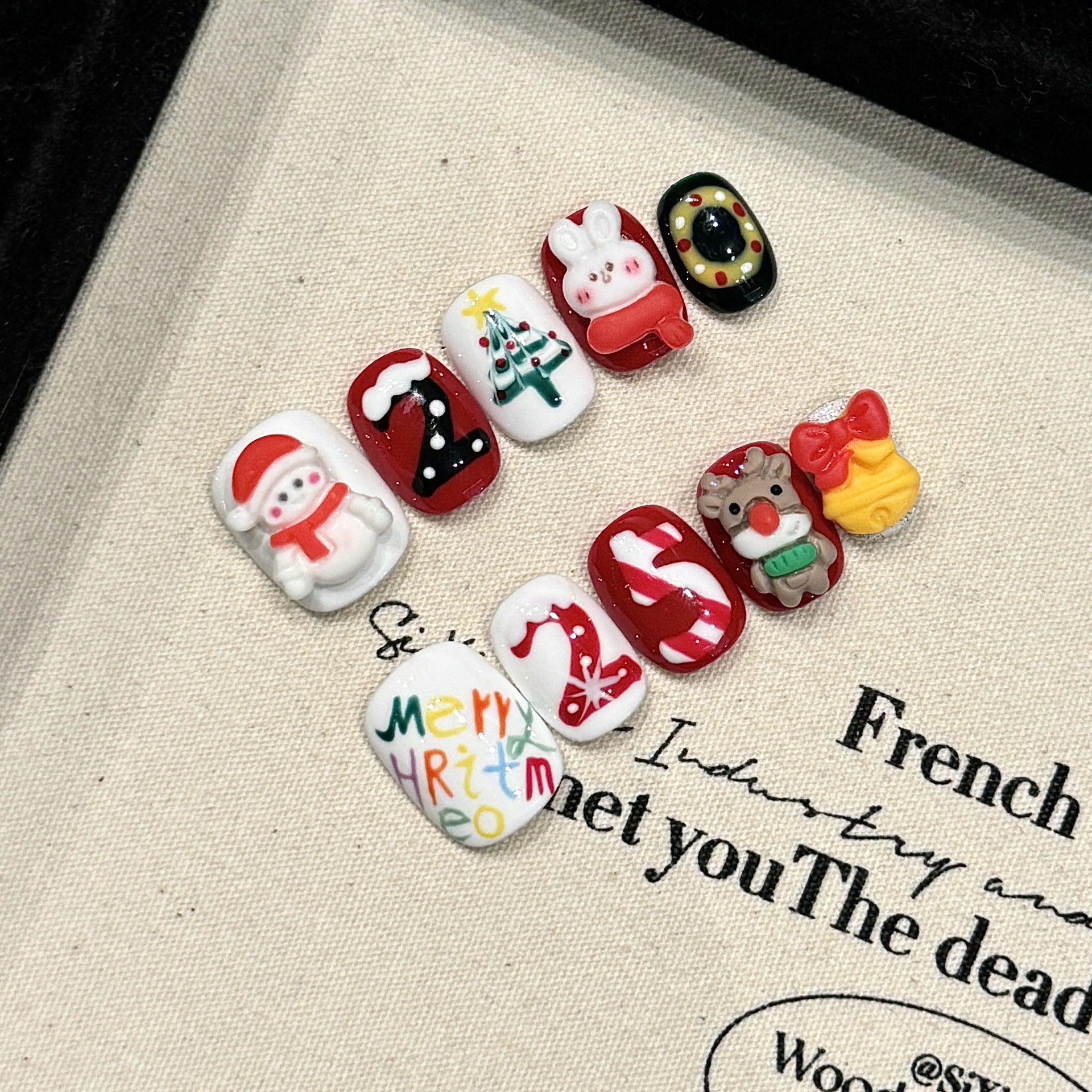 Colorful Christmas Press‑On Nails – Santa, Reindeer & Number Design